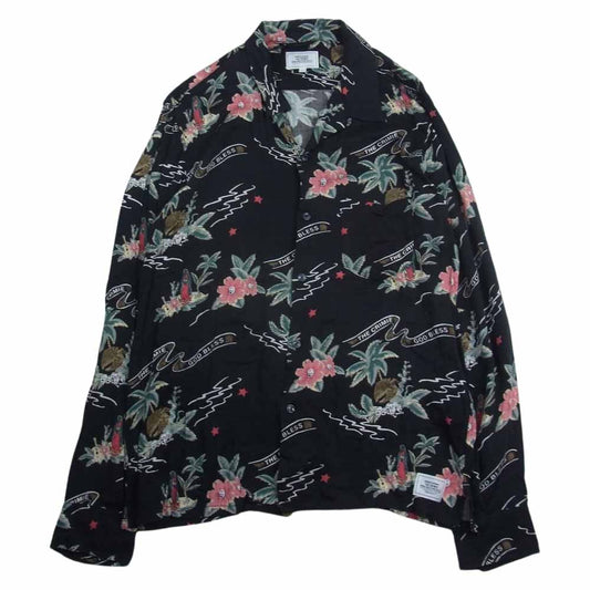 CRIMIE クライミー スカル フラワー オープンカラー 開襟 長袖 レーヨン アロハ ハワイアン シャツ ブラック系 M【中古】