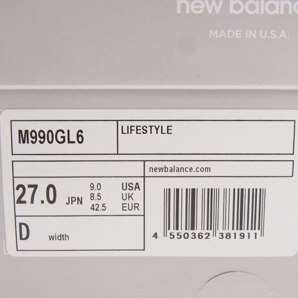 NEW BALANCE ニューバランス M990GL6 USA製  ローカット スニーカー グレー系 27.0cm【新古品】【未使用】【中古】