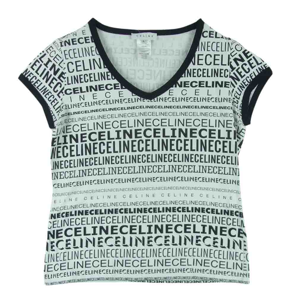 CELINE セリーヌ ロゴ 総柄 プリント Tシャツ コットン フランス製 ホワイト系 ブラック系 L【中古】