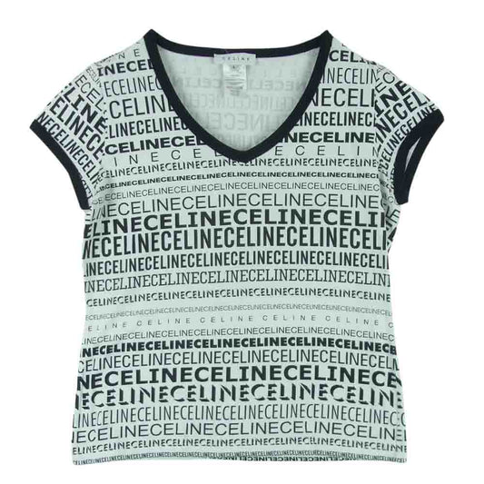 CELINE セリーヌ ロゴ 総柄 プリント Tシャツ コットン フランス製 ホワイト系 ブラック系 L【中古】