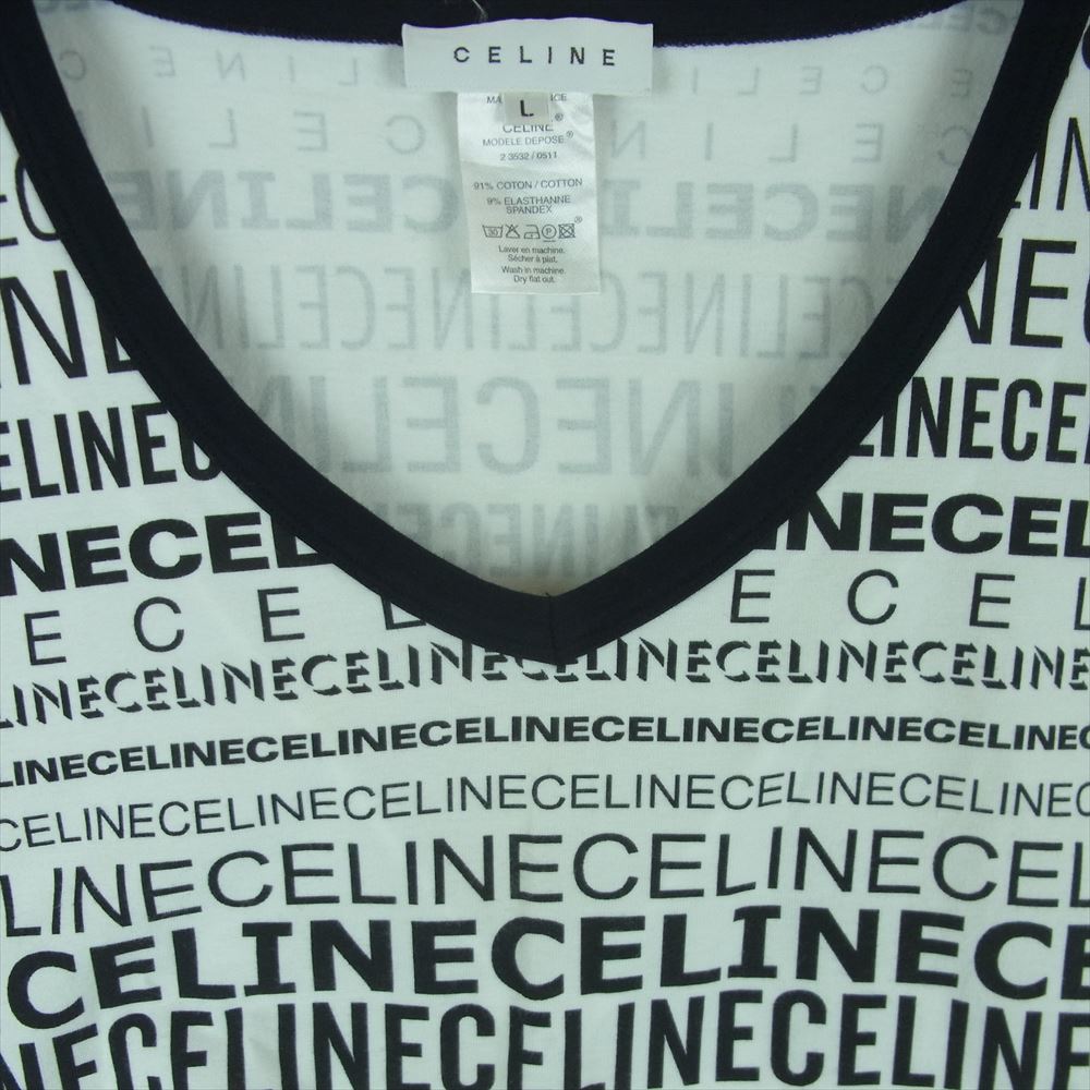 CELINE セリーヌ ロゴ 総柄 プリント Tシャツ コットン フランス製 ホワイト系 ブラック系 L【中古】