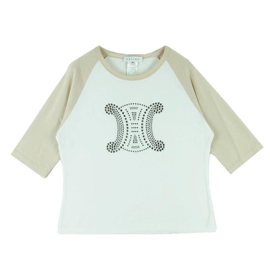 CELINE セリーヌ トリオンフ スタッズ ラグラン Ｔシャツ 七分袖 コットン フランス製 ホワイト系 ベージュ系 XL【中古】