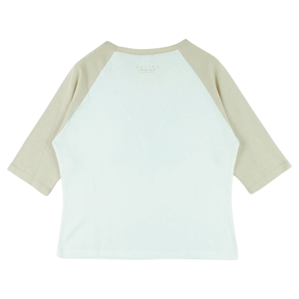 CELINE セリーヌ トリオンフ スタッズ ラグラン Ｔシャツ 七分袖 コットン フランス製 ホワイト系 ベージュ系 XL【中古】