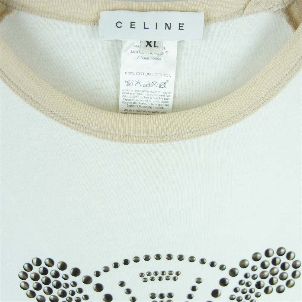 CELINE セリーヌ トリオンフ スタッズ ラグラン Ｔシャツ 七分袖 コットン フランス製 ホワイト系 ベージュ系 XL【中古】