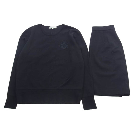 Christian Dior クリスチャンディオール コットン 刺繍 ニット タイト スカート セットアップ ブラック  ブラック系 L【中古】