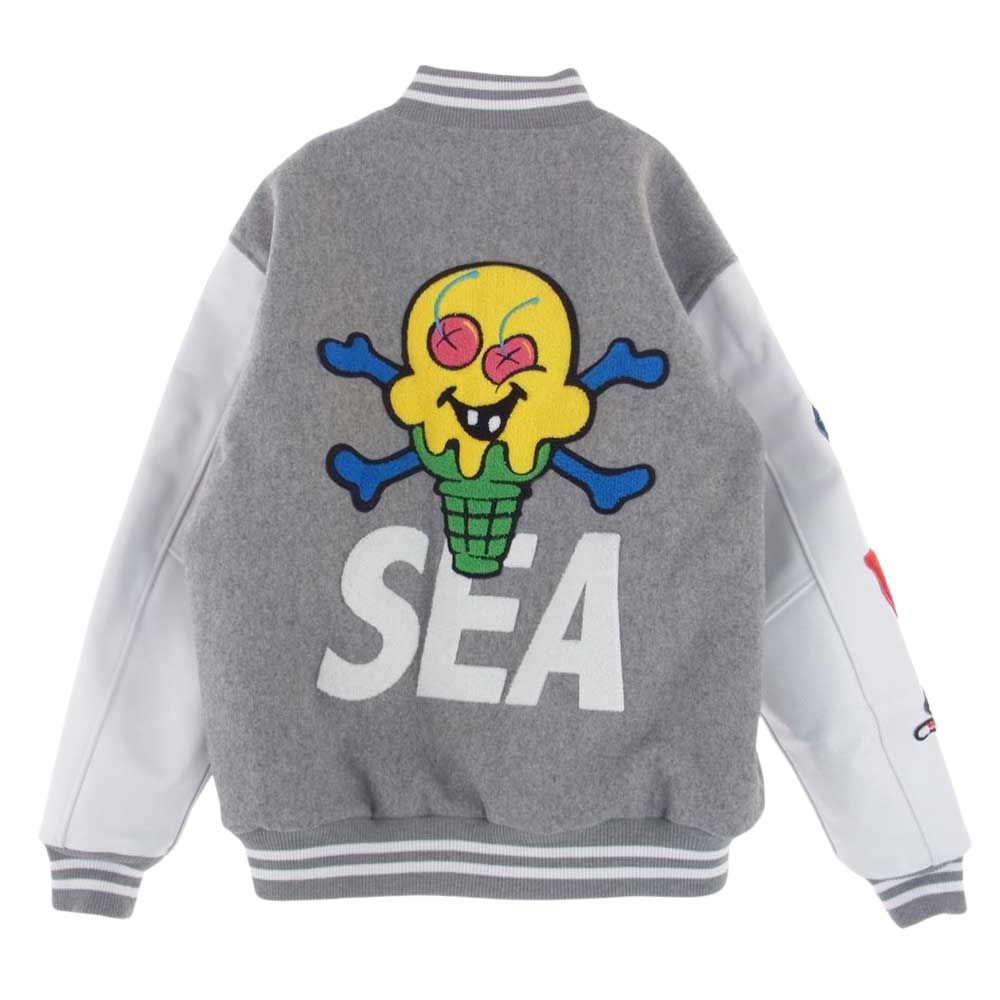 WIND AND SEA ウィンダンシー ICJP215SX004 × ICECREAM アイスクリーム VARSITY JACKET バーシティ ジャケット スタジャン グレー系 ホワイト系 M【美品】【中古】