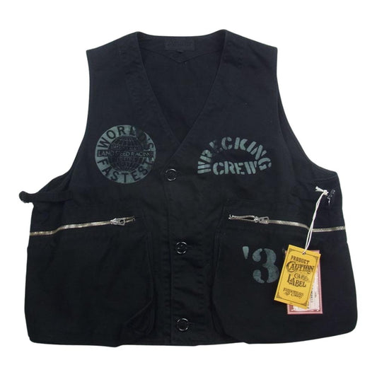 FREEWHEELERS フリーホイーラーズ 1937 GO SMOKIN’ JOE SLEEVELESS COAT ロゴ プリント ベスト ブラック系 40【中古】