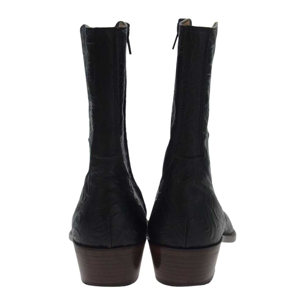 トラッカーズ フラワー型押し サイドジップ ポインテッドトゥ レザー ブーツ ブラック系 8インチ【中古】