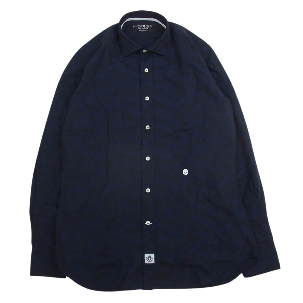 ハイドロゲン BLUE NAVY CAMOUFLAGE SHIRT スカル刺繍 カモフラ 長袖 シャツ ネイビー系 L【中古】