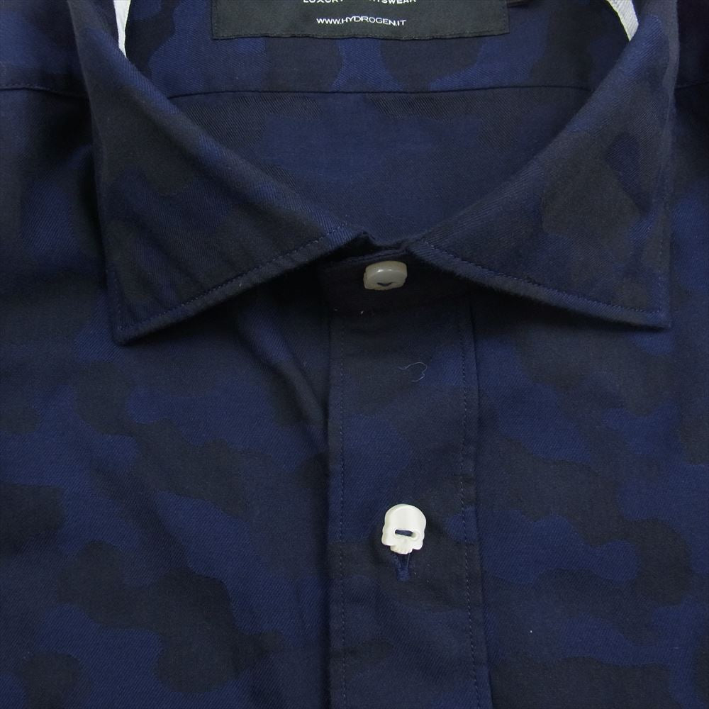 ハイドロゲン BLUE NAVY CAMOUFLAGE SHIRT スカル刺繍 カモフラ 長袖 シャツ ネイビー系 L【中古】