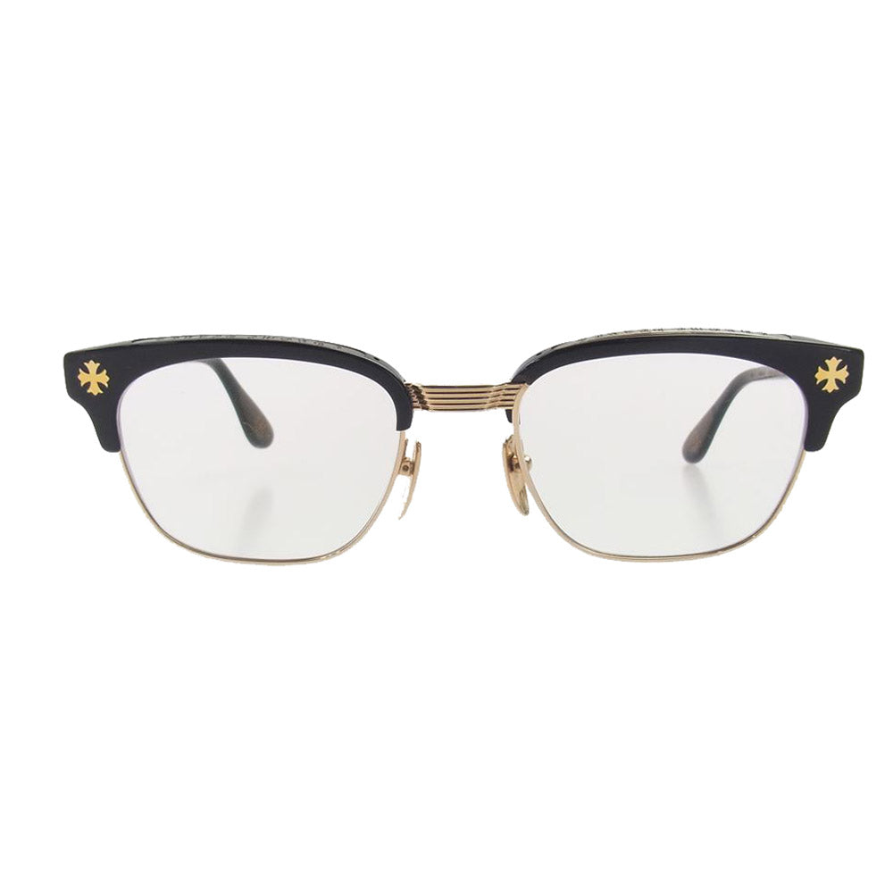 CHROME HEARTS クロムハーツ（原本無） BONENNOISSEUR II テンプル CH クロスハーフリム 度入り 眼鏡 アイウェア  ブラック系 ゴールド系 53□19150【中古】