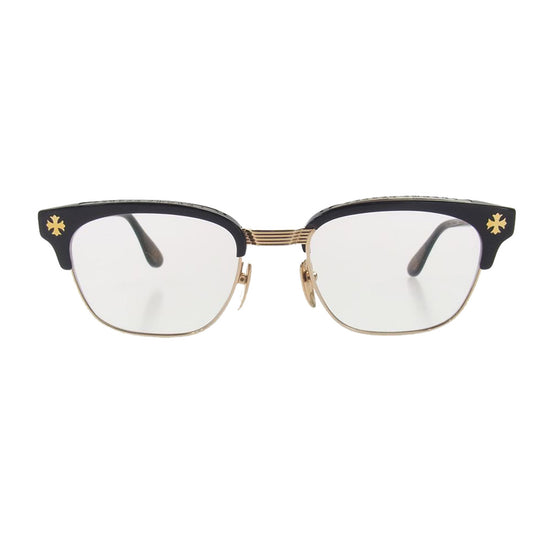 CHROME HEARTS クロムハーツ（原本無） BONENNOISSEUR II テンプル CH クロスハーフリム 度入り 眼鏡 アイウェア  ブラック系 ゴールド系 53□19150【中古】