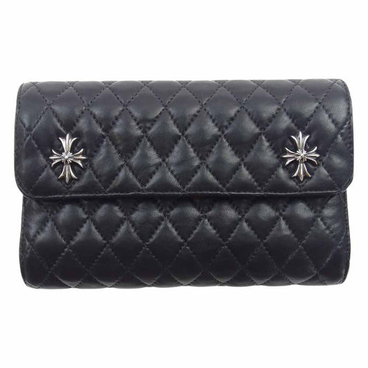 CHROME HEARTS クロムハーツ（原本無） WAVE4 QLT 3SNP キルティング ウェーブ ダブルCHプラス 3スナップ ロングウォレット 長財布 ブラック系【中古】