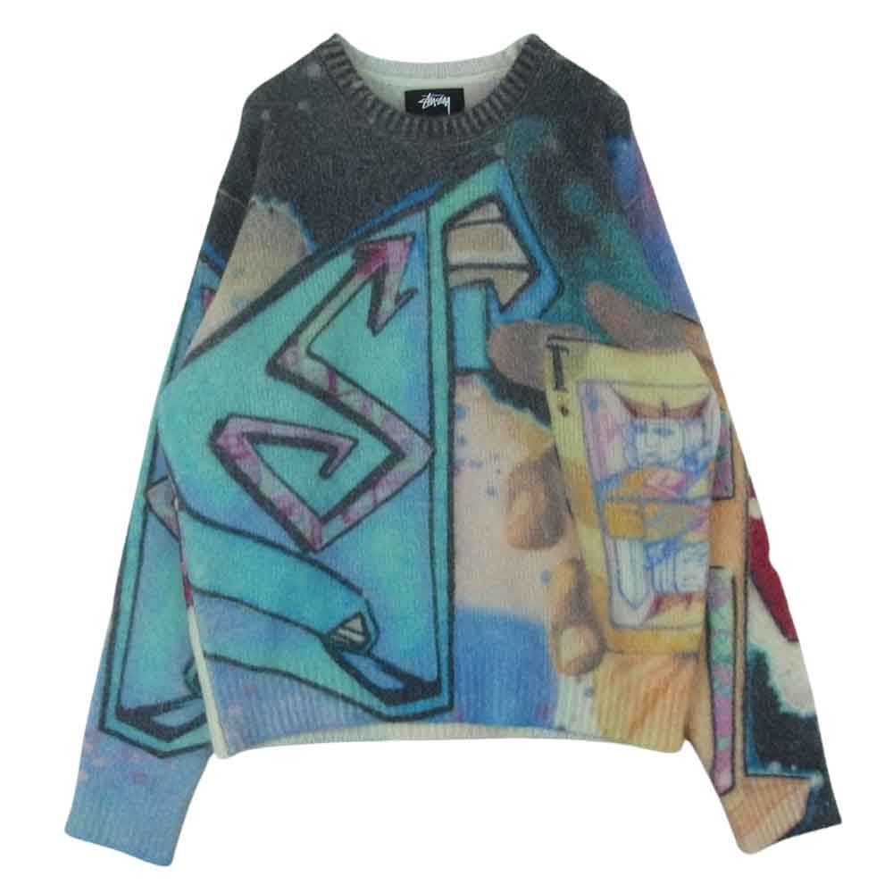 STUSSY ステューシー 117159 ナイロン モヘヤ ウール 総柄 プリント ニット セーター 中国製 マルチカラー系 M【中古】