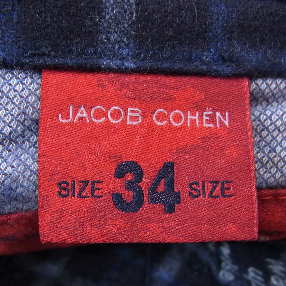JACOB COHEN ヤコブコーエン ハラコレザーパッチ ウール チェック パンツ ネイビー系 34【中古】