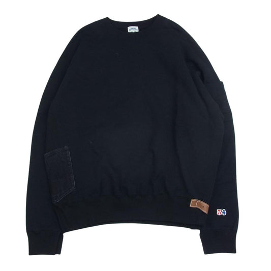 SUNSEA サンシー 21SS 21S05 SUNSEA SWEAT 2021 クルーネック 長袖 プルオーバー 袖ワッペン デニムポケット 裾ベルト スウェット ブラック系 3【美品】【中古】