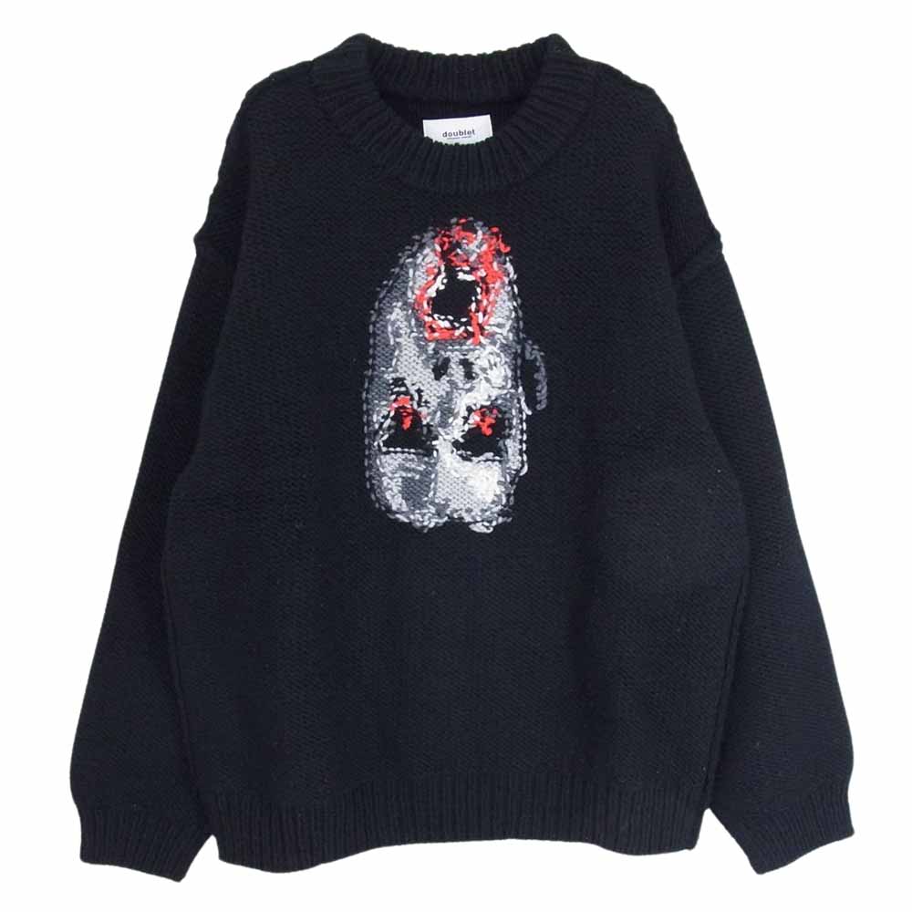 ダブレット 19AW 19AW22KN25 HAND-KNITTING JAQUARD PULLOVER フェイスデザイン ローゲージ オーバーサイズ ジャカード ニット プルオーバー ブラック系 S【中古】
