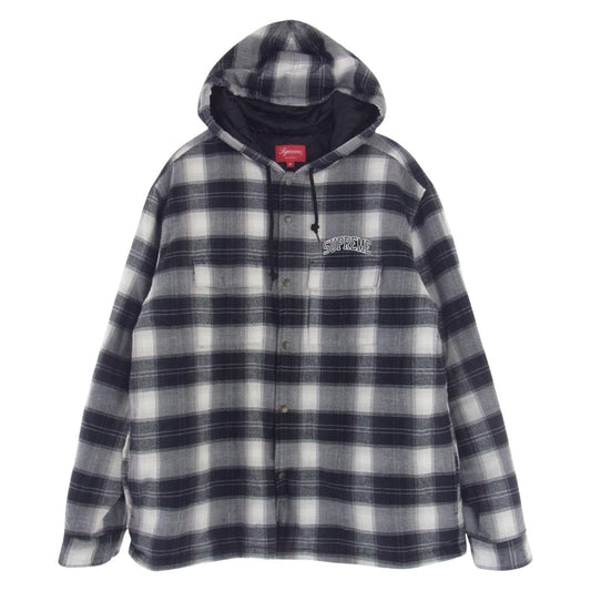 Supreme シュプリーム 19AW Quilted Hooded Plaid Shirt フード付き アーチロゴ ワッペン付き オンブレ チェック シャツ ジャケット グレー系 ブラック系 M【中古】