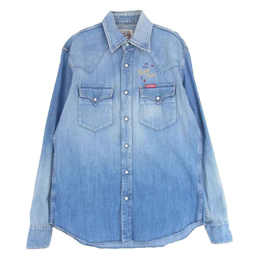 HYSTERIC GLAMOUR ヒステリックグラマー 16SS 0261AH02 SUPER FUZZ刺繍 USED加工 スナップボタン ロゴ ウェスタン デニム シャツ インディゴブルー系 M【中古】