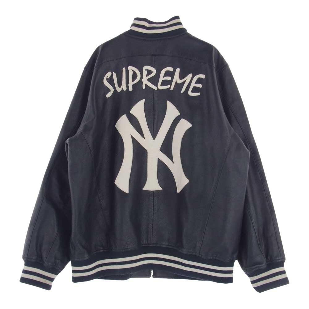Supreme シュプリーム 15SS New York Yankees Varsity Jacket ニューヨークヤンキース ラムスキン レザー バーシティ ジャケット ダークネイビー系 XL【中古】