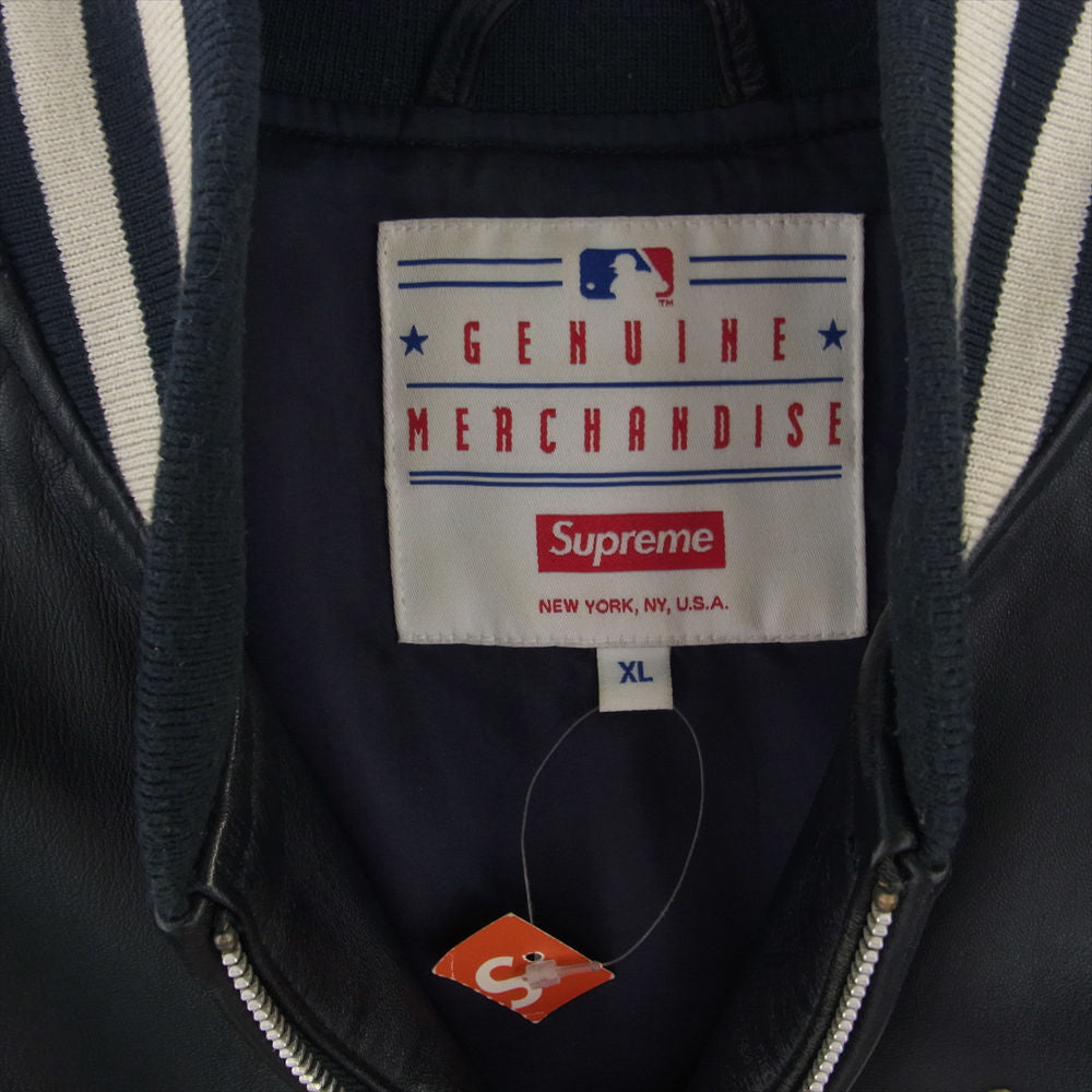 Supreme シュプリーム 15SS New York Yankees Varsity Jacket ニューヨークヤンキース ラムスキン レザー バーシティ ジャケット ダークネイビー系 XL【中古】