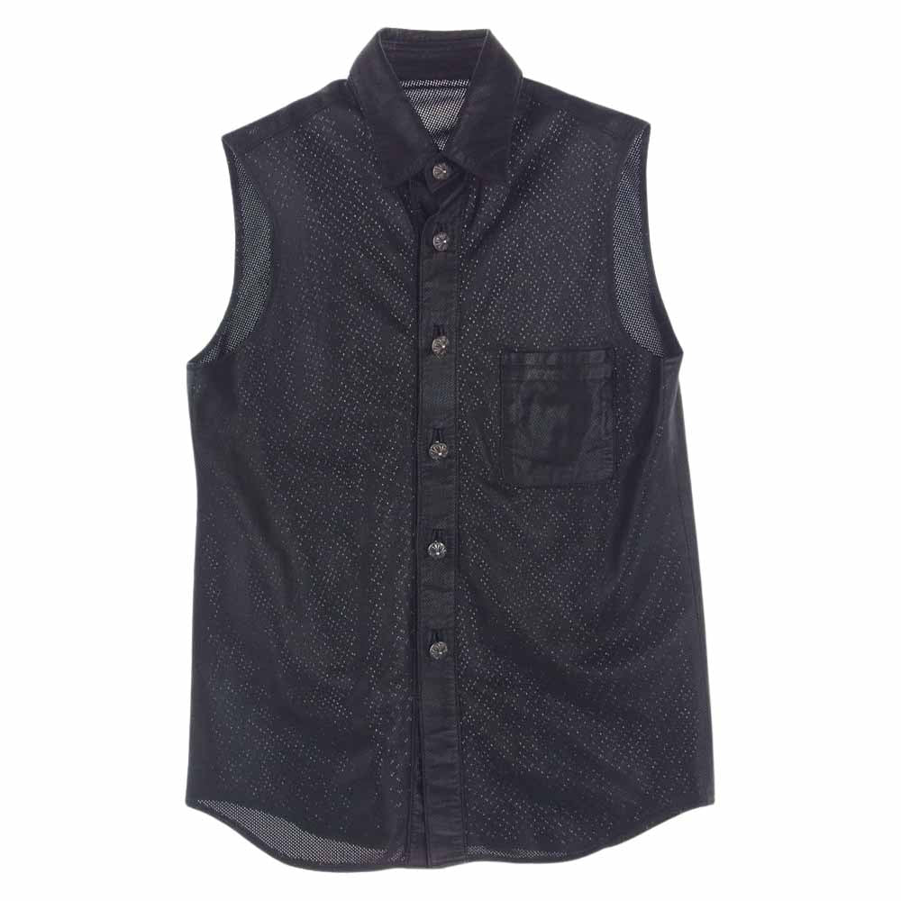 CHROME HEARTS クロムハーツ（原本無） クロスボールボタン パンチングレザー  ノースリーブ シャツ ベスト ブラック系 S【中古】