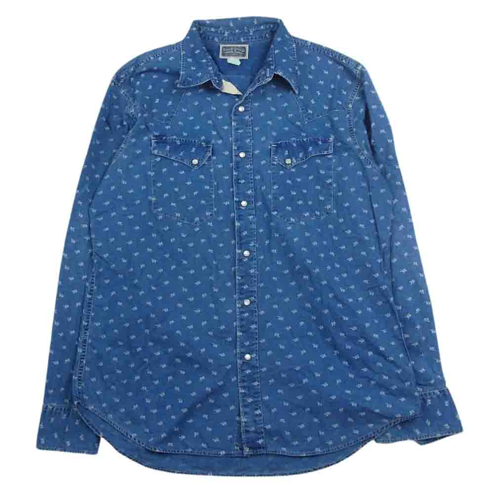 RRL ダブルアールエル 総柄 ロゴ デニム ウエスタン 長袖 シャツ インディゴブルー系 L【中古】