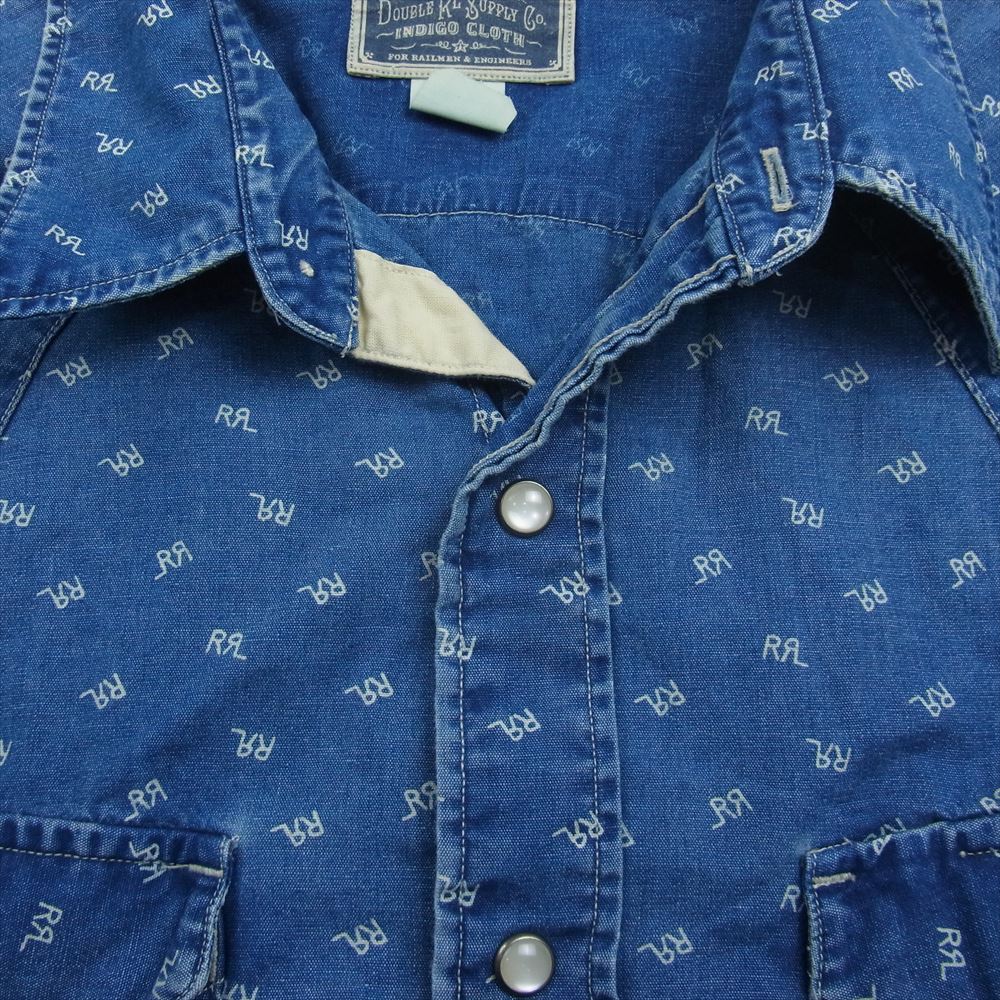 RRL ダブルアールエル 総柄 ロゴ デニム ウエスタン 長袖 シャツ インディゴブルー系 L【中古】