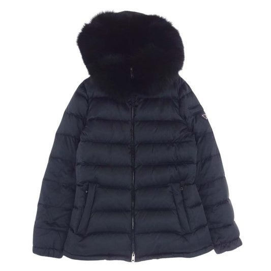 PRADA プラダ 28G060 R152 ROK 国内正規品 三角 トライアングル ロゴ プレート ファー ダウン ジャケット ネイビー系 42【中古】
