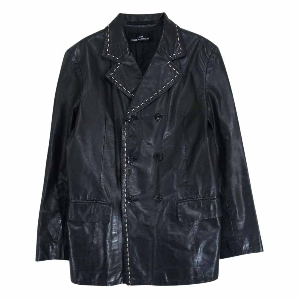 tricot COMME des GARCONS トリココムデギャルソン TJ-070150 カウレザー 牛革 ステッチデザイン ダブルブレスト ジャケット ブラック系 サイズ表記無【中古】