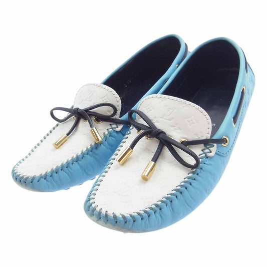 LOUIS VUITTON ルイ・ヴィトン ND1106 イタリア製 モノグラム レザー ドライビング シューズ ホワイト系 ライトブルー系 L38【中古】