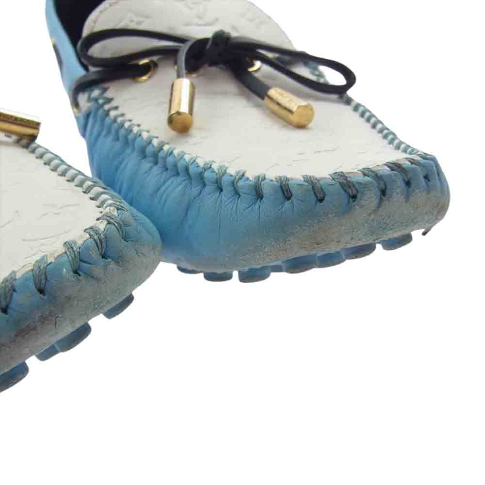 LOUIS VUITTON ルイ・ヴィトン ND1106 イタリア製 モノグラム レザー ドライビング シューズ ホワイト系 ライトブルー系 L38【中古】