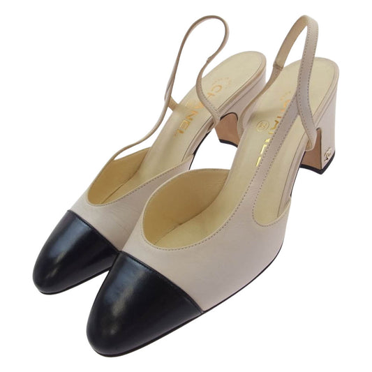 CHANEL シャネル A G31318 イタリア製 ココマーク付 2トーン スリングバック シューズ ヒール パンプス レザー オフホワイト系 ブラック系 37 1/2C【中古】