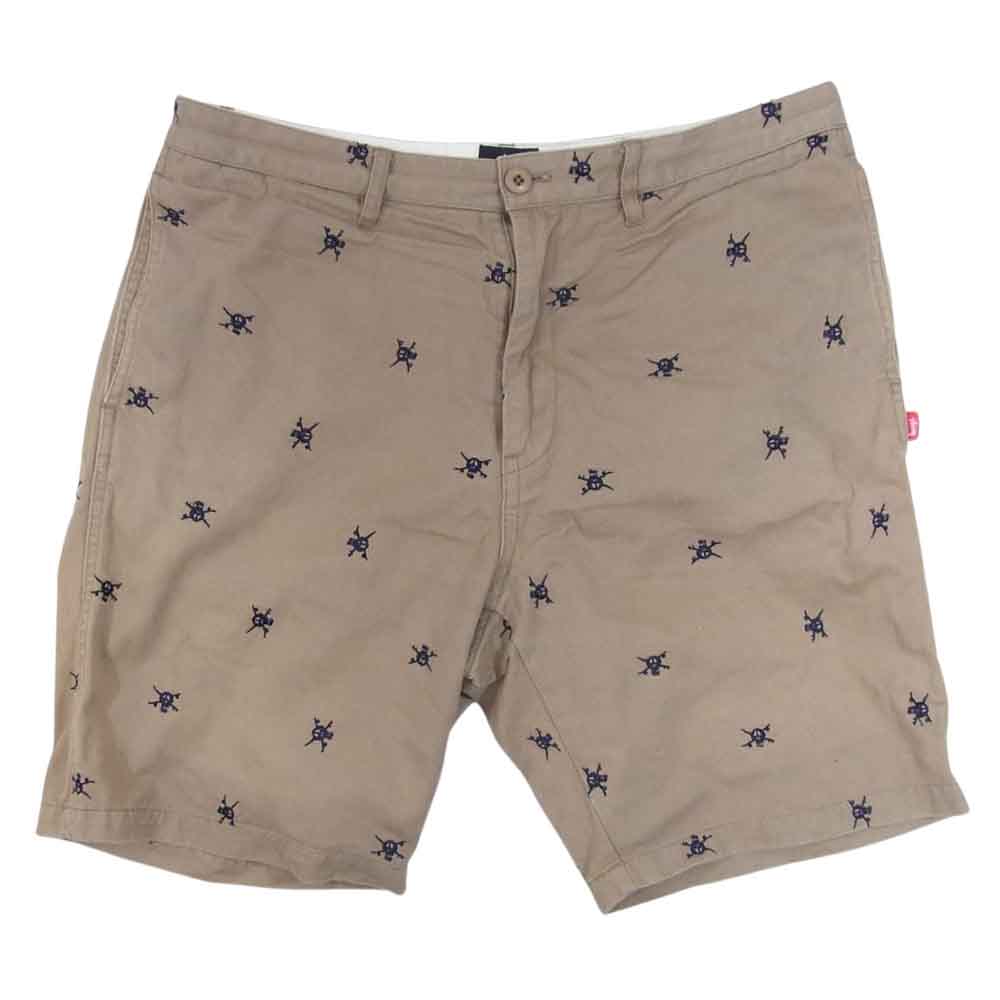 STUSSY ステューシー ドクロ刺繍 総柄 コットン ショート パンツ ブラウン系 34【中古】