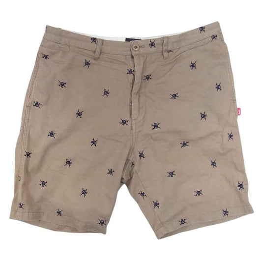 STUSSY ステューシー ドクロ刺繍 総柄 コットン ショート パンツ ブラウン系 34【中古】