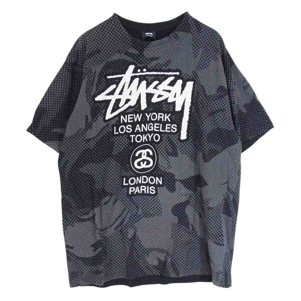 STUSSY ステューシー WORLD TOUR TEE 総柄 ワールドツアー 半袖 シャツ ブラック系 XL【中古】