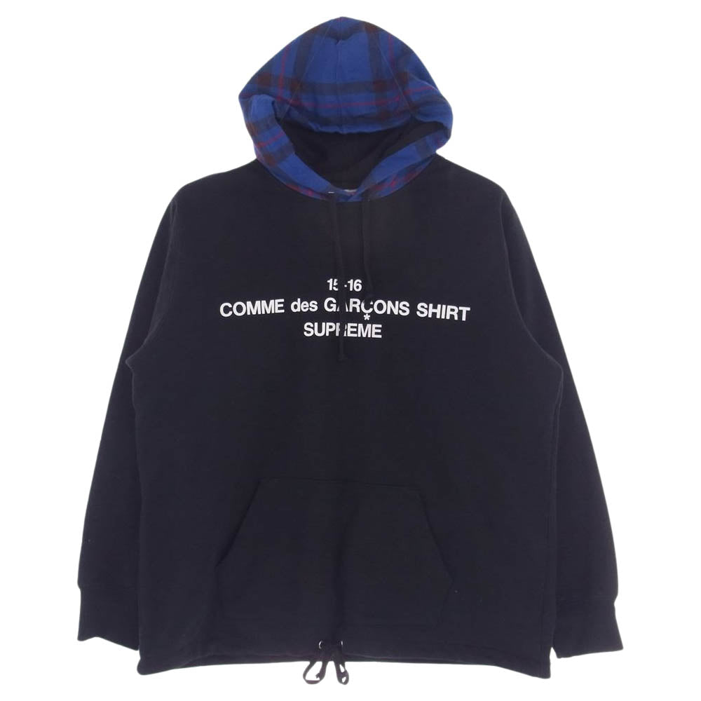 Supreme シュプリーム 15AW コムデギャルソンシャツ フロントロゴ チェック柄フード スウェット プルオーバー スウェット パーカー ブラック系 L【中古】