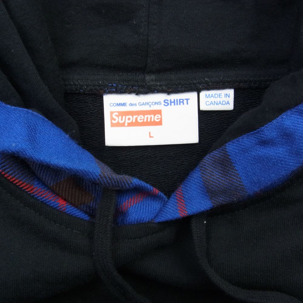 Supreme シュプリーム 15AW コムデギャルソンシャツ フロントロゴ チェック柄フード スウェット プルオーバー スウェット パーカー ブラック系 L【中古】