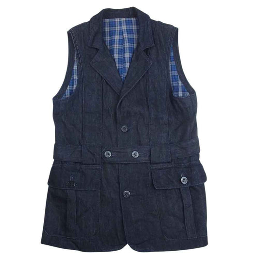EVISU エヴィス TRICK VEST 裏地 チェック テーラード デニム ベスト インディゴブルー系 36【中古】