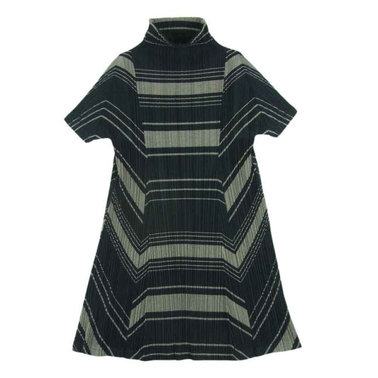 PLEATS PLEASE プリーツプリーズ イッセイミヤケ PP93-JK676 プリーツ加工 幾何学転写 ハイネック ボトルネック 半袖 ワンピース グレー系 3【中古】