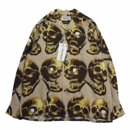 WACKO MARIA ワコマリア 56TS-WM-HI13 56 TATTOO STUDIO ゴロー タトゥー スタジオ HAWAIIAN SHIRT L/S TYPE 2 スカル 総柄 リヨセル 長袖 ハワイアン アロハ シャツ ベージュ系 M【新古品】【未使用】【中古】
