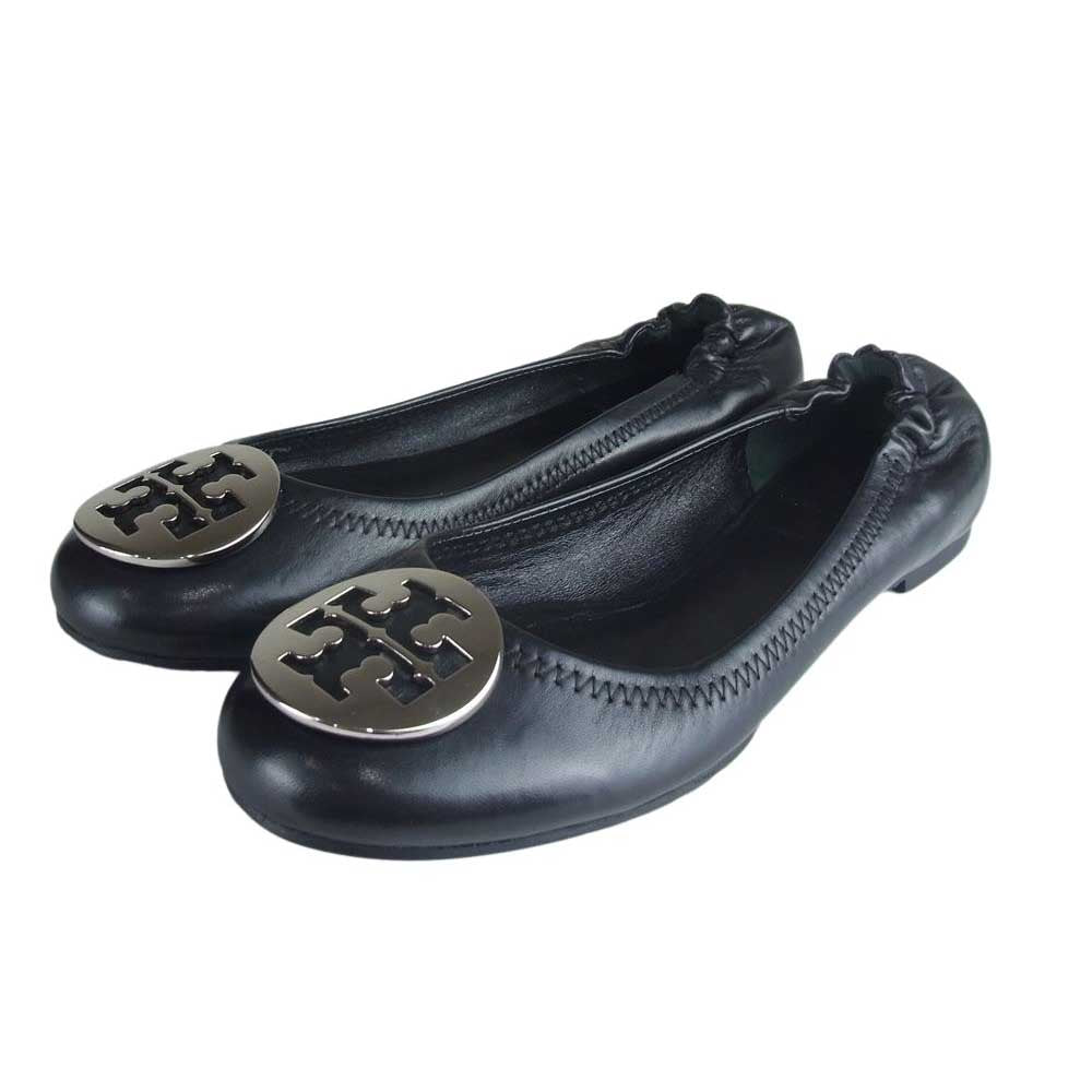 トリバーチ シルバー ロゴ フラット パンプス バレエシューズ ブラック系 7M【中古】