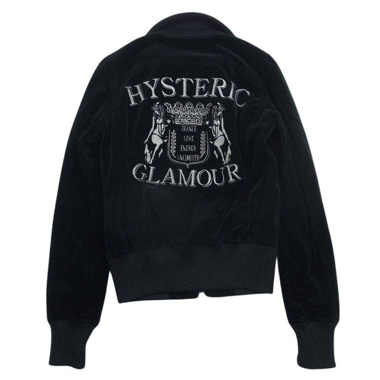 HYSTERIC GLAMOUR ヒステリックグラマー 2AB-6580 バックロゴ刺繍 裏地キルティング ベロア スカジャン フルジップ ブルゾン ジャケット ブラック系 F【中古】