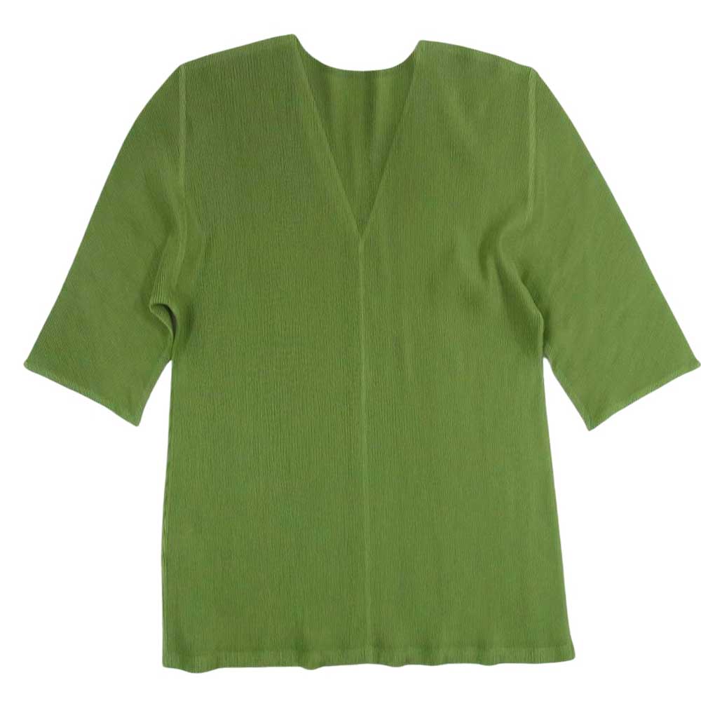 PLEATS PLEASE プリーツプリーズ イッセイミヤケ PP41-FK317 プリーツ加工 細プリーツ Vネック カットソー 5分袖 グリーン系 3【美品】【中古】