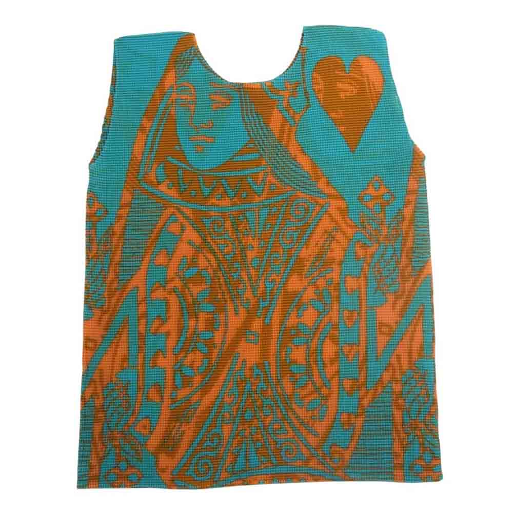 ISSEY MIYAKE イッセイミヤケ me ミー MI71FR712 ボックスプリーツ プリント 総柄 ノースリーブ カットソー グリーン系 オレンジ系【美品】【中古】