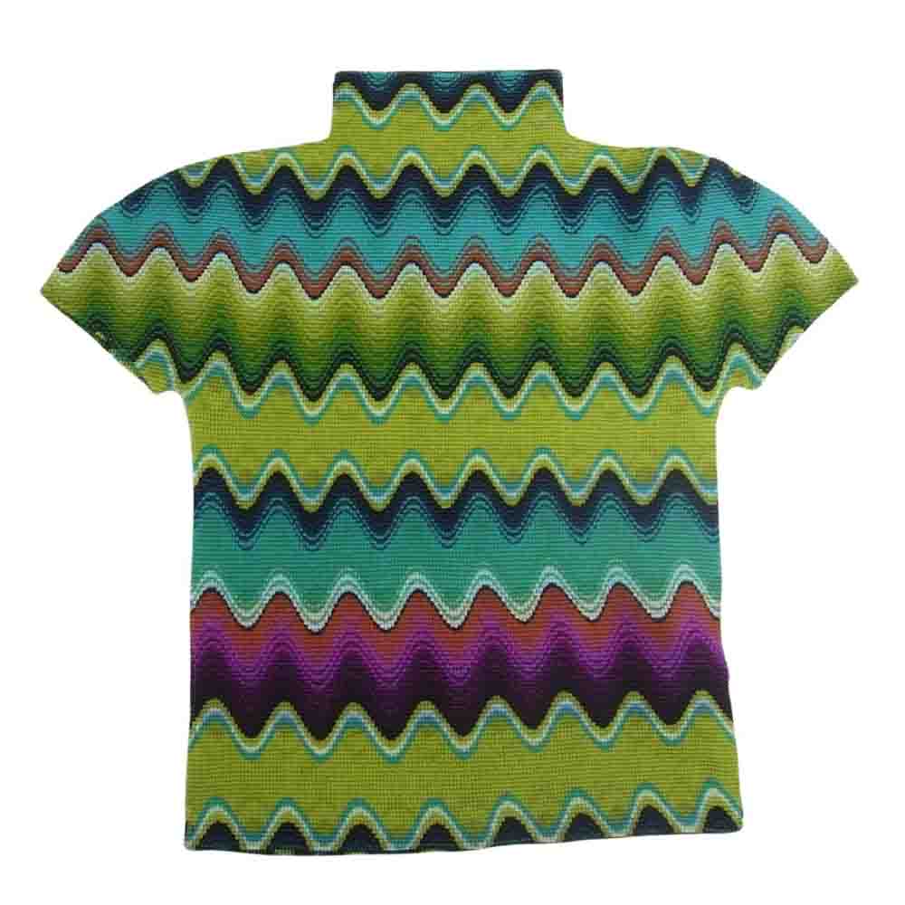 ISSEY MIYAKE イッセイミヤケ me ミー MI03FK265 ボックスプリーツ ウェーブ プリント ボトルネック カットソー 半袖  グリーン系【美品】【中古】