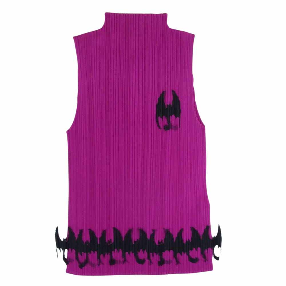 PLEATS PLEASE プリーツプリーズ イッセイミヤケ PP43-JK731 プリーツ加工 コウモリ 装飾 ハロウィン ボトルネック ノースリーブ カットソー パープル系 3【中古】