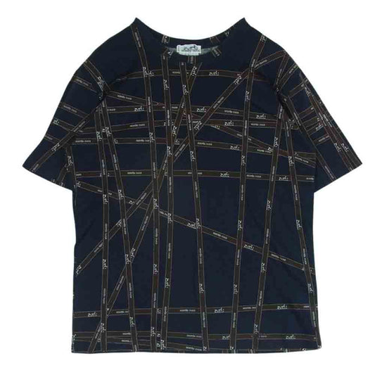 HERMES エルメス ボルデュック リボン柄 ロゴ 半袖 Tシャツ コットン イタリア製 ネイビー系 ブラウン系 L【中古】