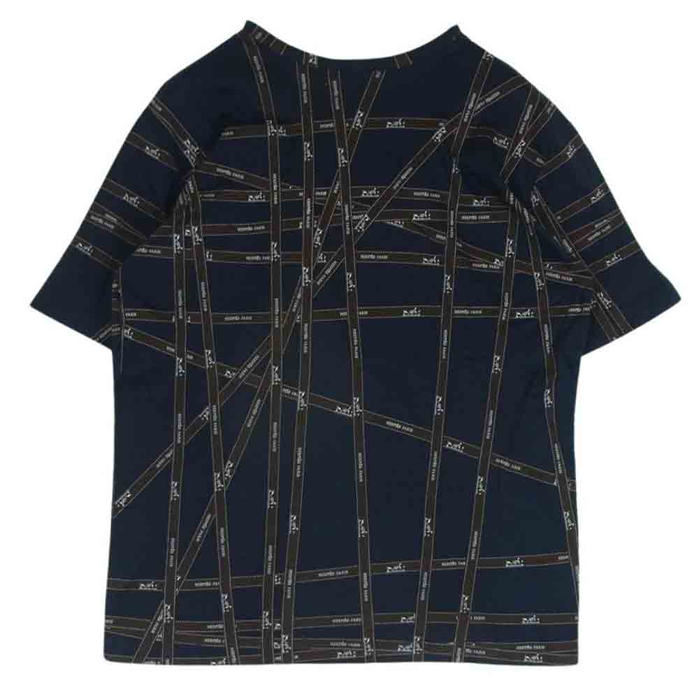 HERMES エルメス ボルデュック リボン柄 ロゴ 半袖 Tシャツ コットン イタリア製 ネイビー系 ブラウン系 L【中古】