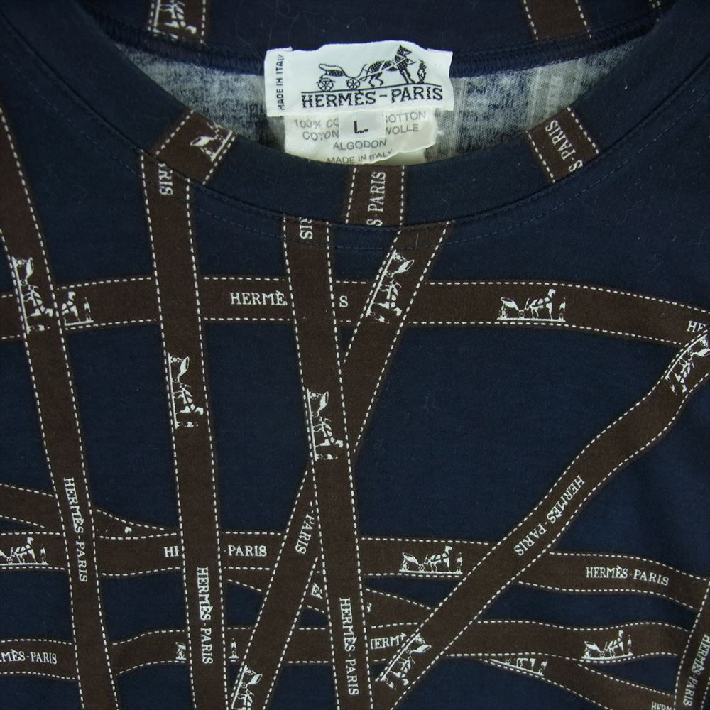 HERMES エルメス ボルデュック リボン柄 ロゴ 半袖 Tシャツ コットン イタリア製 ネイビー系 ブラウン系 L【中古】